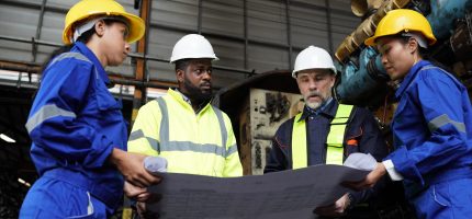 Engineers in discussion in machine maintenance in factory. Group of Industrial Engineers with Blueprint against trains and machinaries industry background. Studying Blueprint with Superior